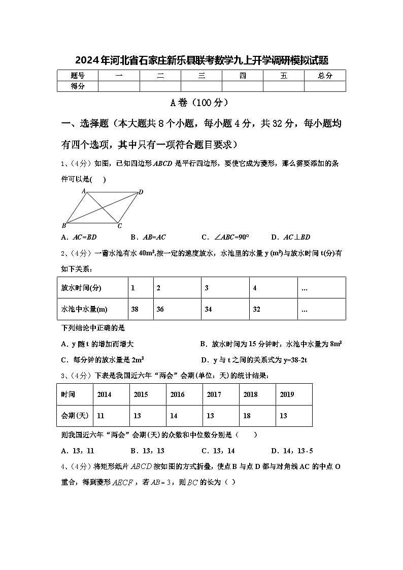 2024年河北省石家庄新乐县联考数学九上开学调研模拟试题【含答案】第1页