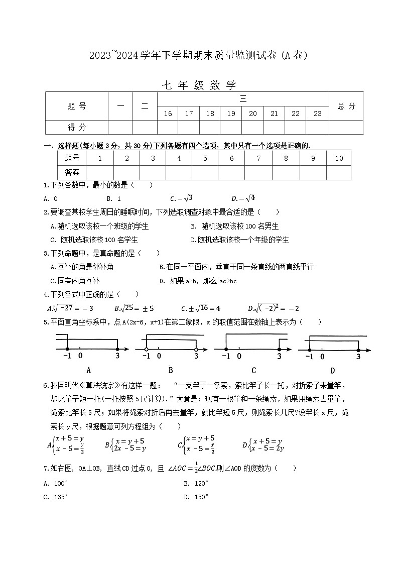 河南省漯河市郾城区2023-2024学年七年级下学期期末考试数学试题第1页