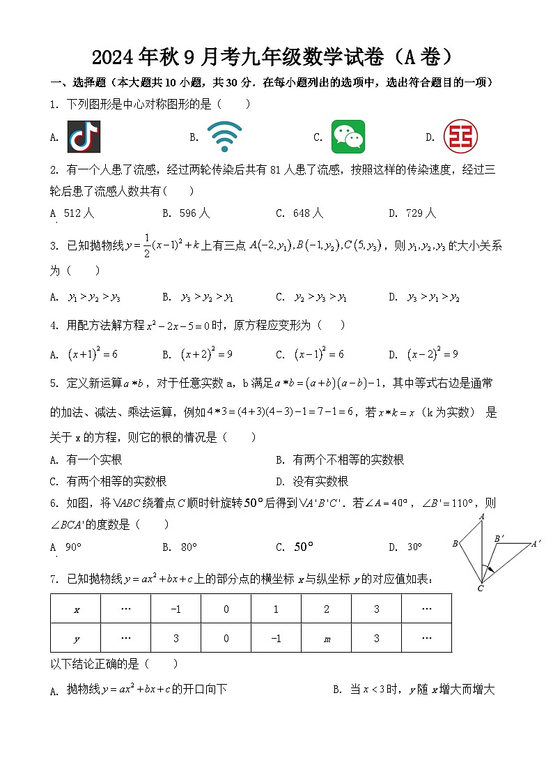 湖北省天门市华斯达学校2024-2025学年九年级上学期九月考试数学试卷（A）01