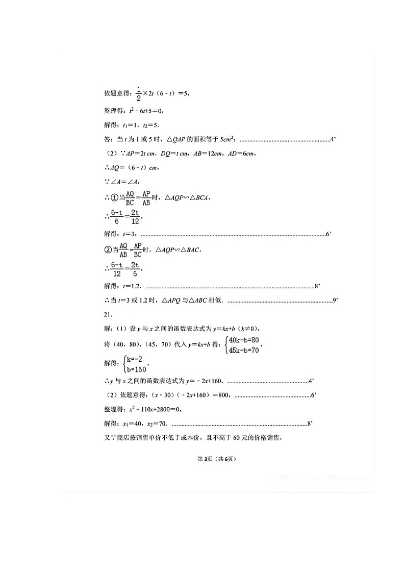 【数学】河南省实验中学2025学年初三月考答案第3页