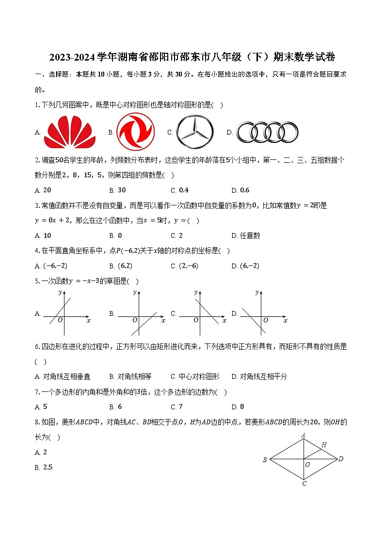 2023-2024学年湖南省邵阳市邵东市八年级（下）期末数学试卷（含答案）第1页