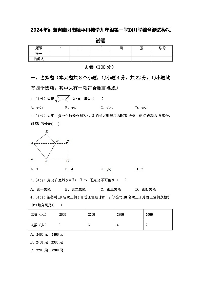 2024年河南省南阳市镇平县数学九年级第一学期开学综合测试模拟试题【含答案】01