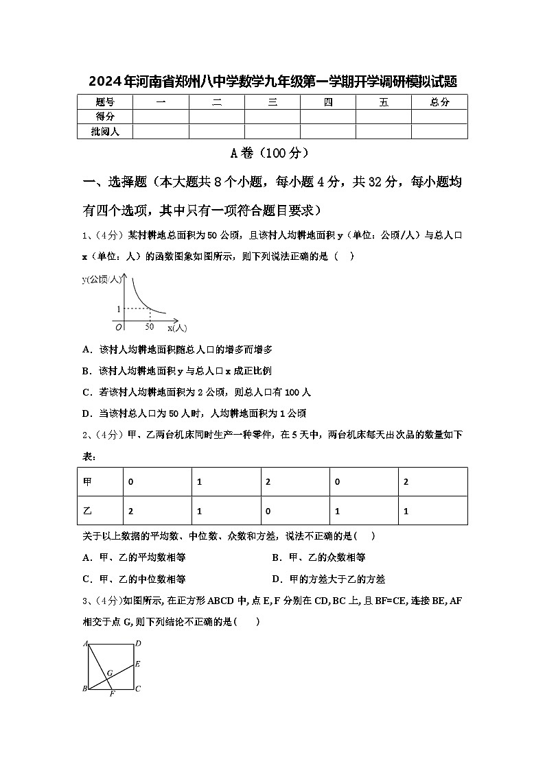 2024年河南省郑州八中学数学九年级第一学期开学调研模拟试题【含答案】第1页