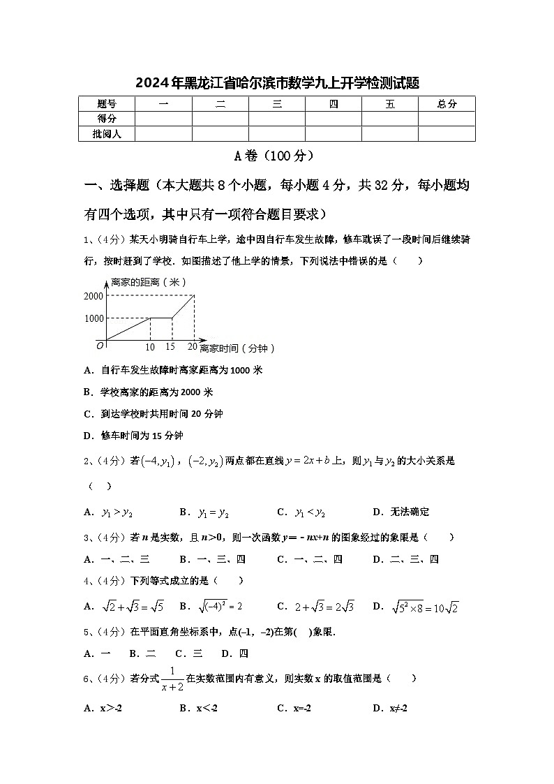 2024年黑龙江省哈尔滨市数学九上开学检测试题【含答案】01