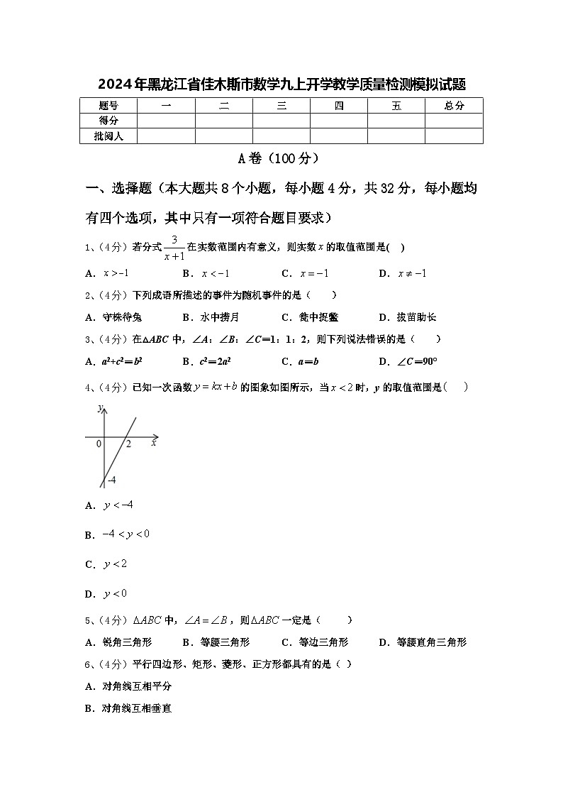 2024年黑龙江省佳木斯市数学九上开学教学质量检测模拟试题【含答案】第1页