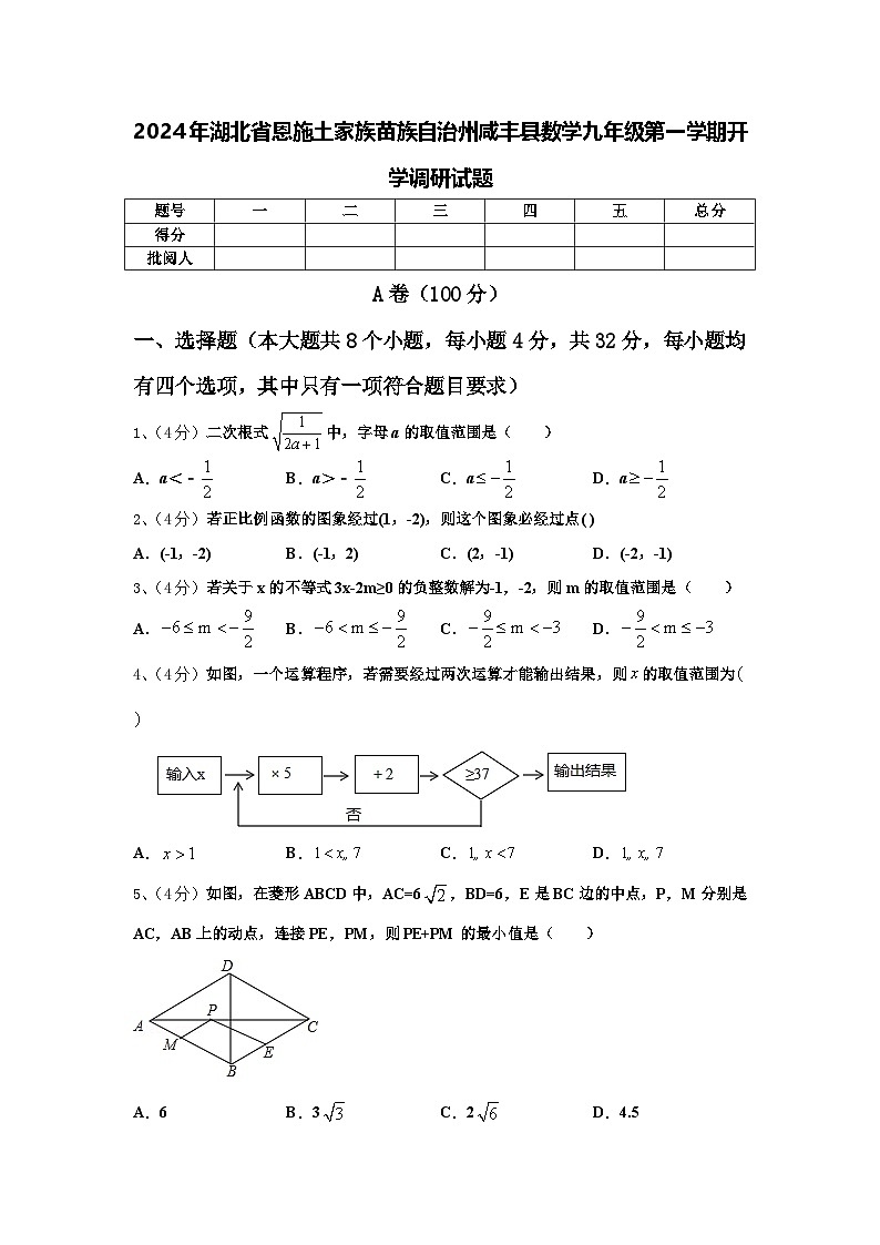 2024年湖北省恩施土家族苗族自治州咸丰县数学九年级第一学期开学调研试题【含答案】第1页