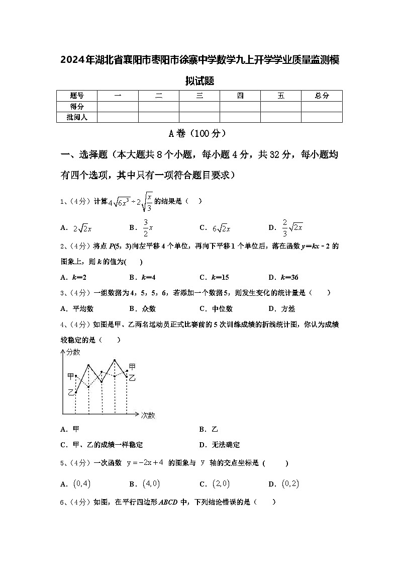 2024年湖北省襄阳市枣阳市徐寨中学数学九上开学学业质量监测模拟试题【含答案】第1页