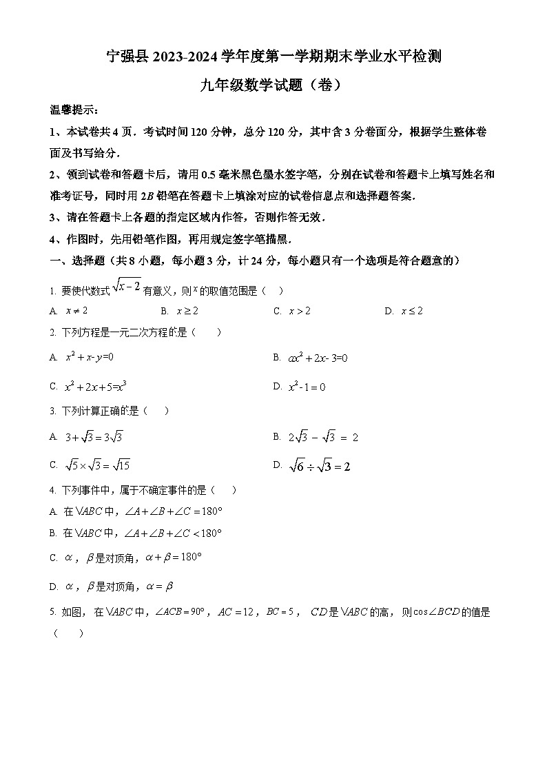 陕西省汉中市宁强县2023-2024学年九年级上学期期末数学试题01