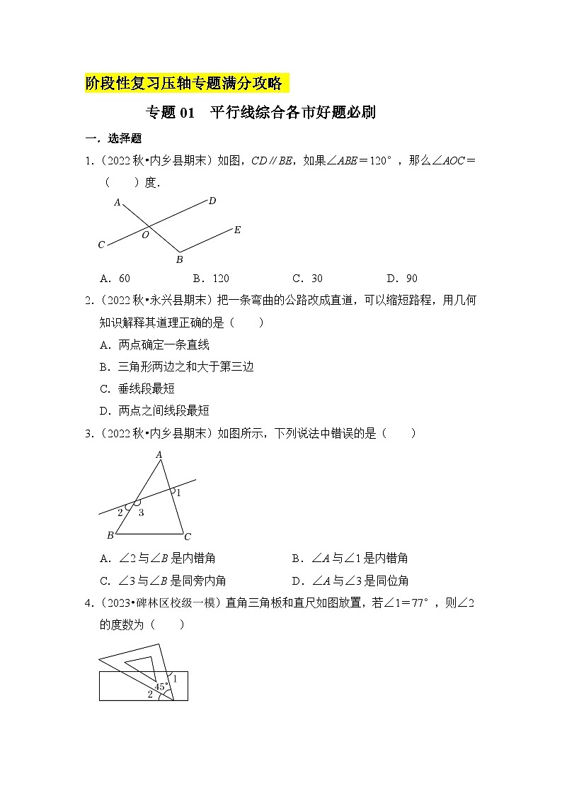 人教版七年级数学下册《高分突破•培优新方法》专题01平行线综合各市好题必刷期末复习特训(原卷版+解析)01
