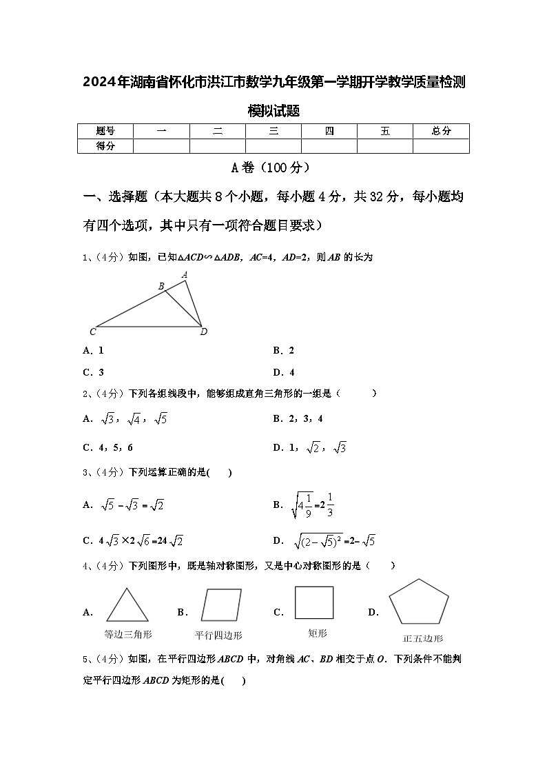2024年湖南省怀化市洪江市数学九年级第一学期开学教学质量检测模拟试题【含答案】第1页