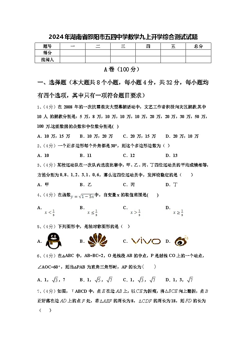 2024年湖南省邵阳市五四中学数学九上开学综合测试试题【含答案】第1页