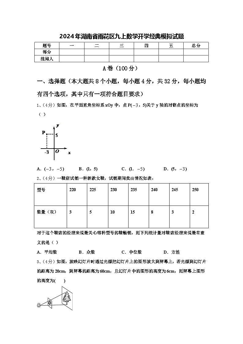 2024年湖南省雨花区九上数学开学经典模拟试题【含答案】01