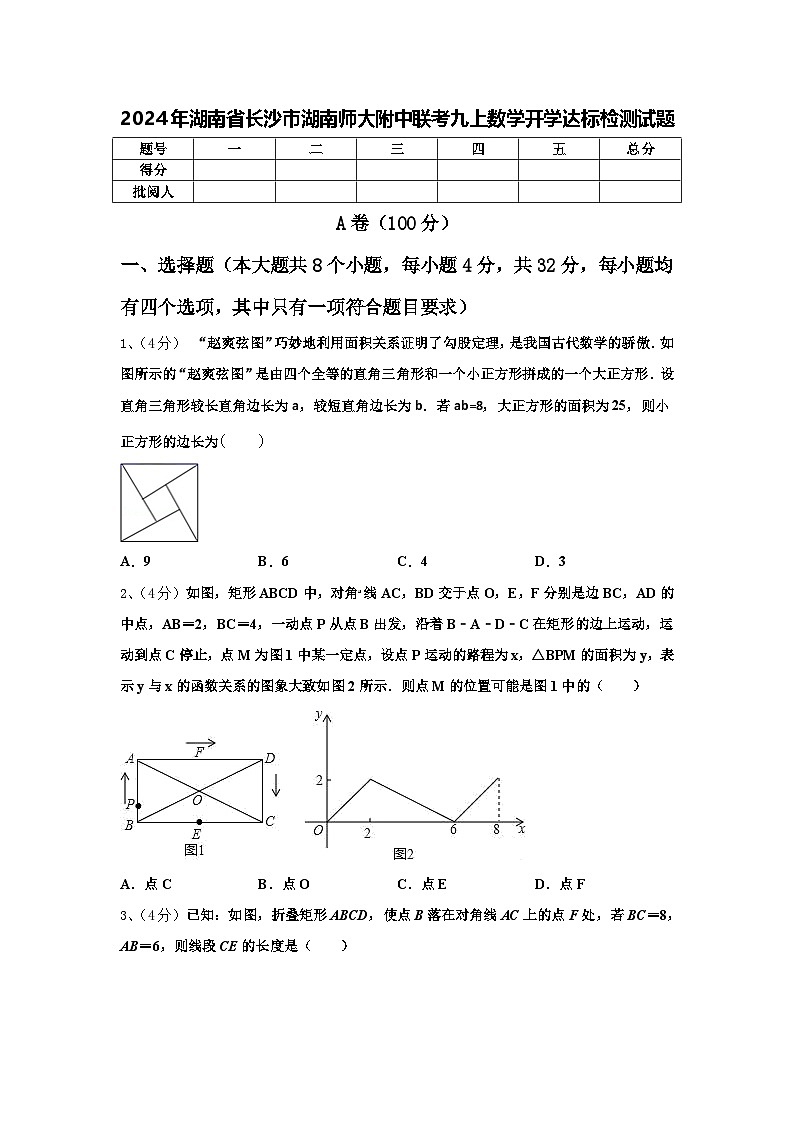 2024年湖南省长沙市湖南师大附中联考九上数学开学达标检测试题【含答案】01
