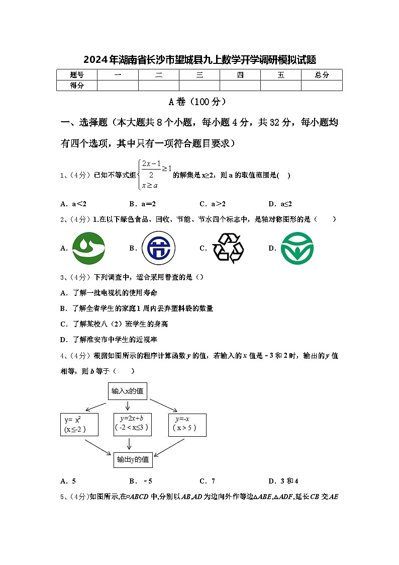 2024年湖南省长沙市望城县九上数学开学调研模拟试题【含答案】第1页