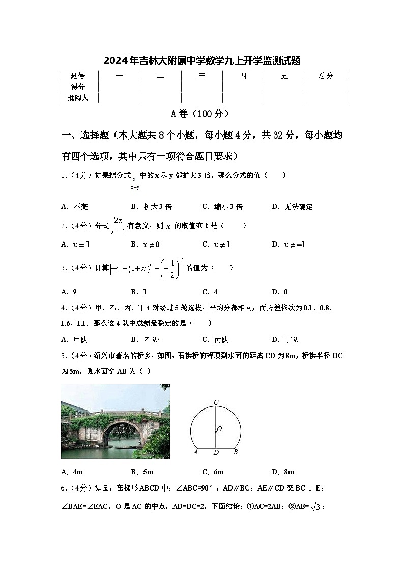 2024年吉林大附属中学数学九上开学监测试题【含答案】第1页