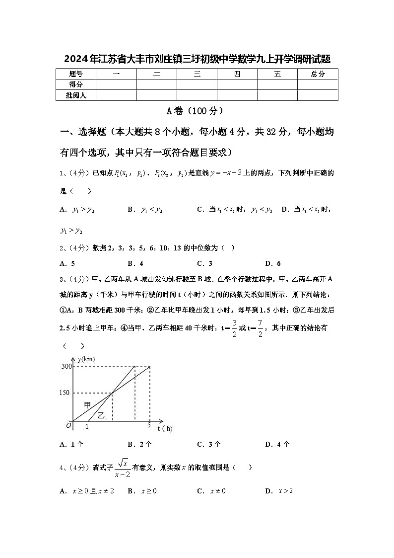 2024年江苏省大丰市刘庄镇三圩初级中学数学九上开学调研试题【含答案】01