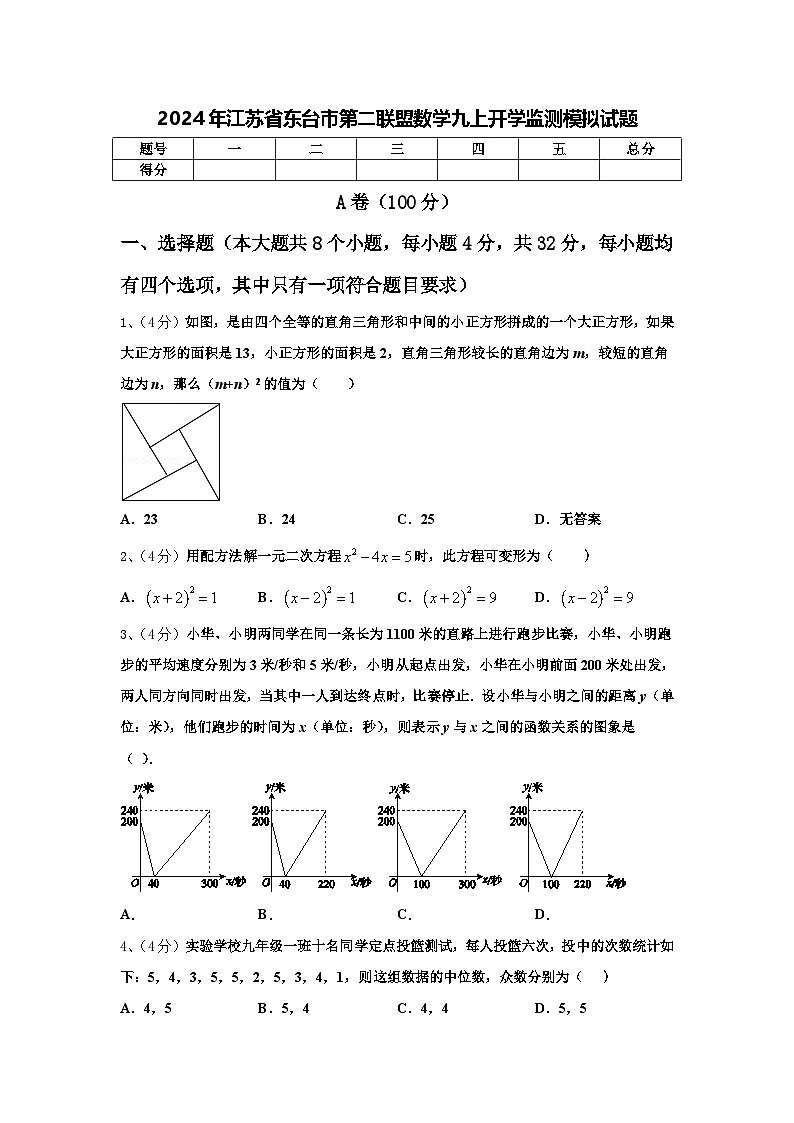 2024年江苏省东台市第二联盟数学九上开学监测模拟试题【含答案】01