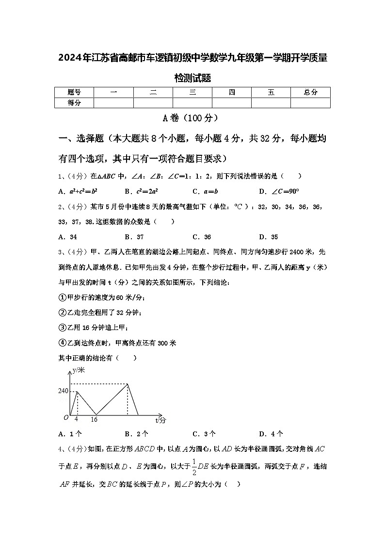 2024年江苏省高邮市车逻镇初级中学数学九年级第一学期开学质量检测试题【含答案】01
