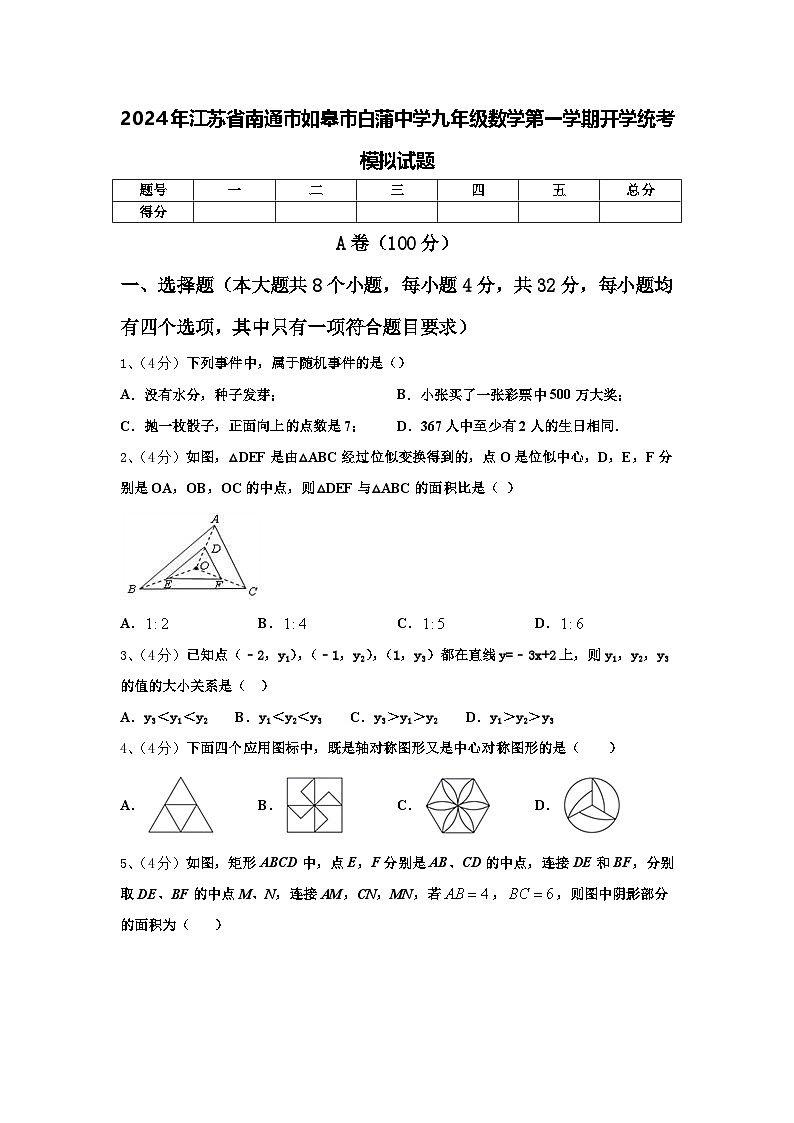 2024年江苏省南通市如皋市白蒲中学九年级数学第一学期开学统考模拟试题【含答案】第1页