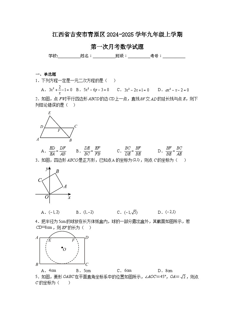 江西省吉安市青原区2024-2025学年九年级上学期第一次月考数学试题第1页
