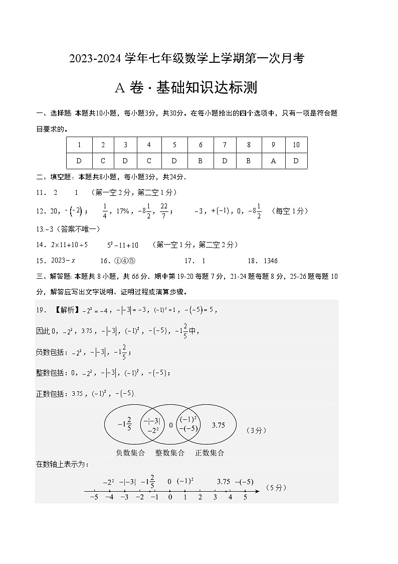 第一次月考A卷（人教版）2023-2024学年七年级数学上学期第一次月考01