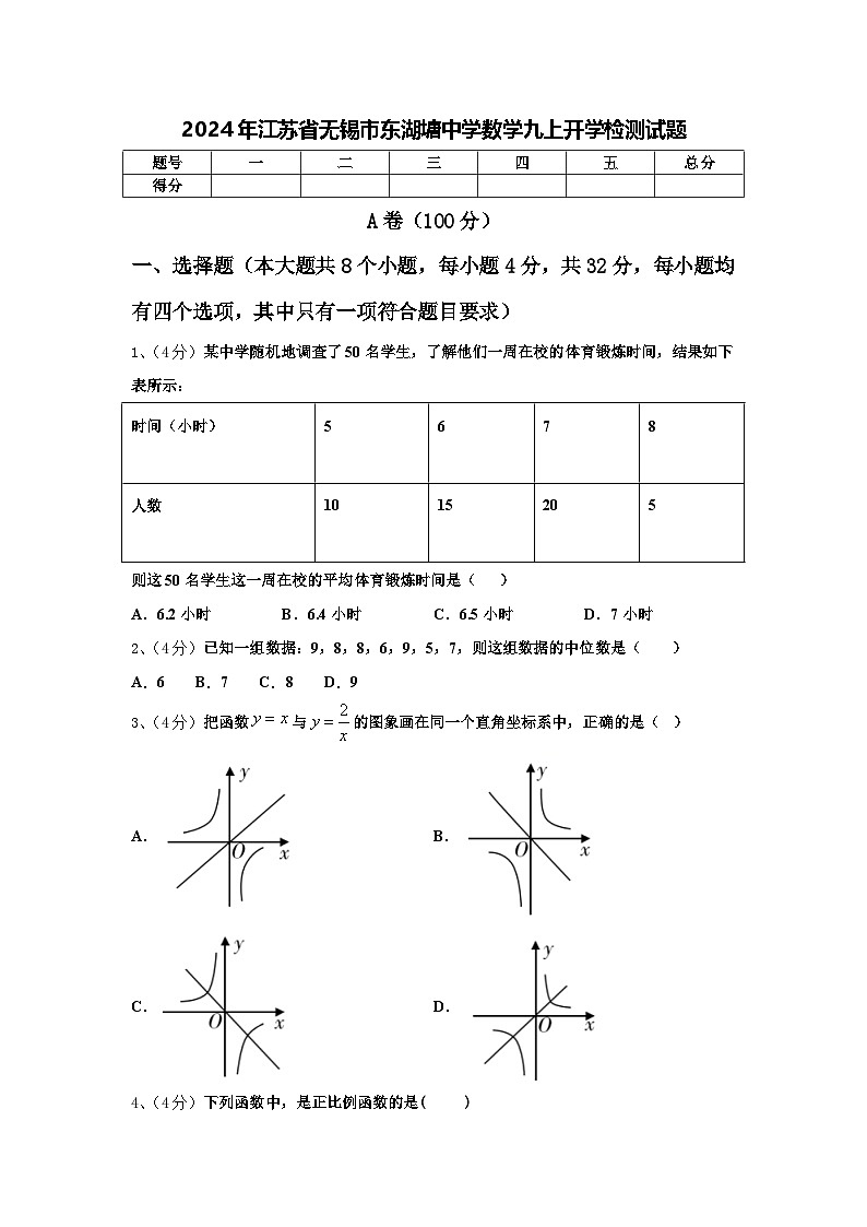 2024年江苏省无锡市东湖塘中学数学九上开学检测试题【含答案】01
