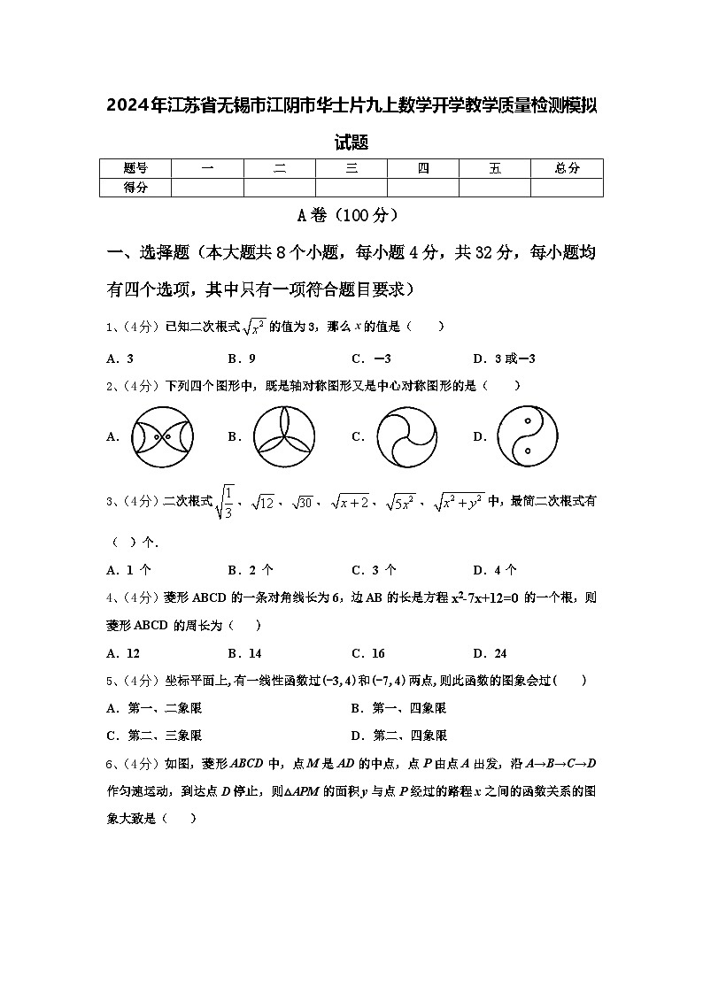 2024年江苏省无锡市江阴市华士片九上数学开学教学质量检测模拟试题【含答案】01