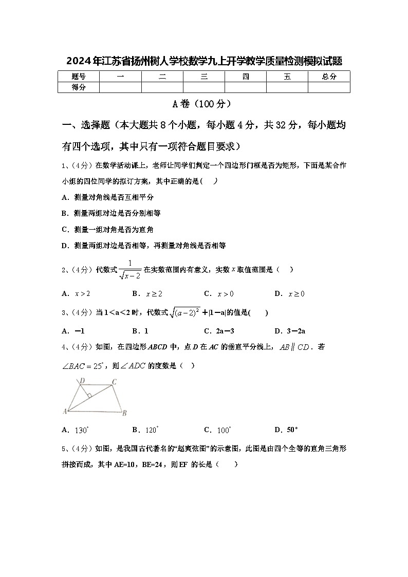 2024年江苏省扬州树人学校数学九上开学教学质量检测模拟试题【含答案】第1页