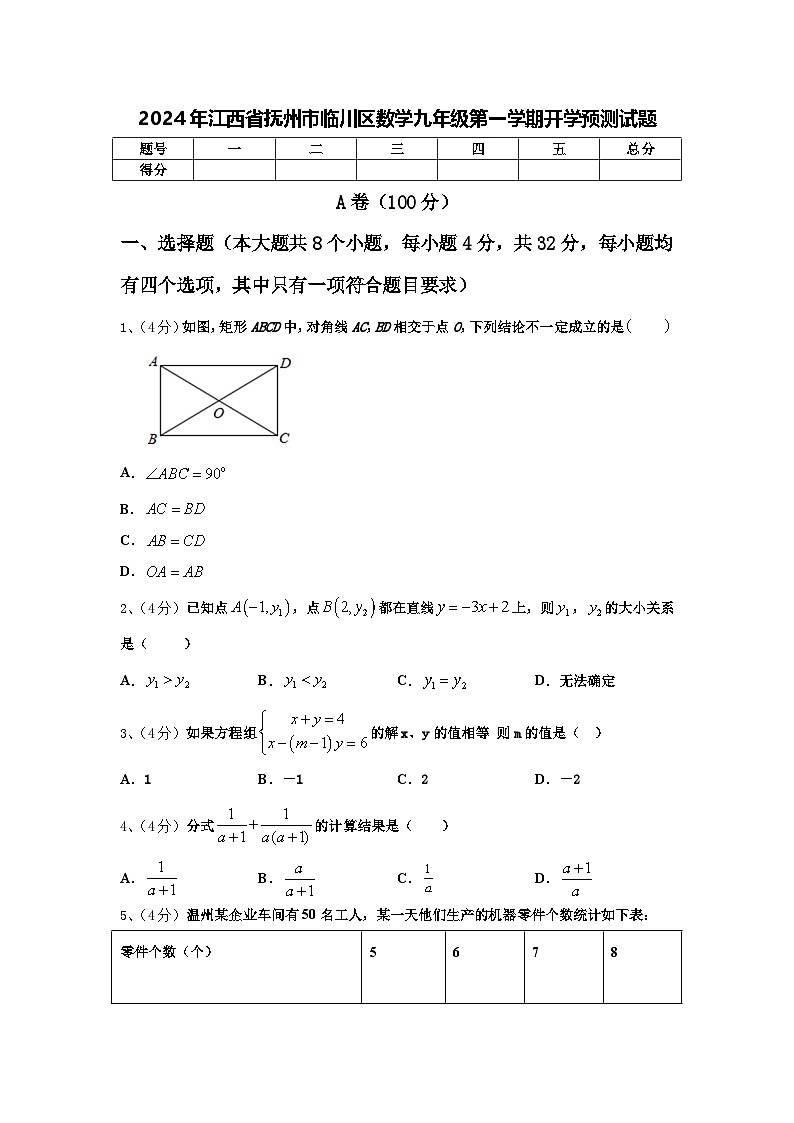2024年江西省抚州市临川区数学九年级第一学期开学预测试题【含答案】第1页