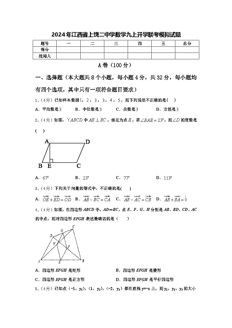 2024年江西省上饶二中学数学九上开学联考模拟试题【含答案】第1页