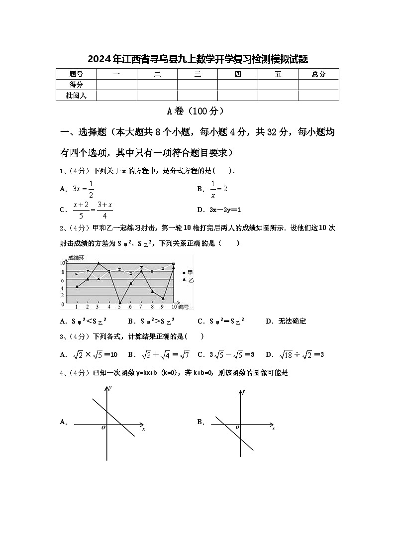 2024年江西省寻乌县九上数学开学复习检测模拟试题【含答案】01