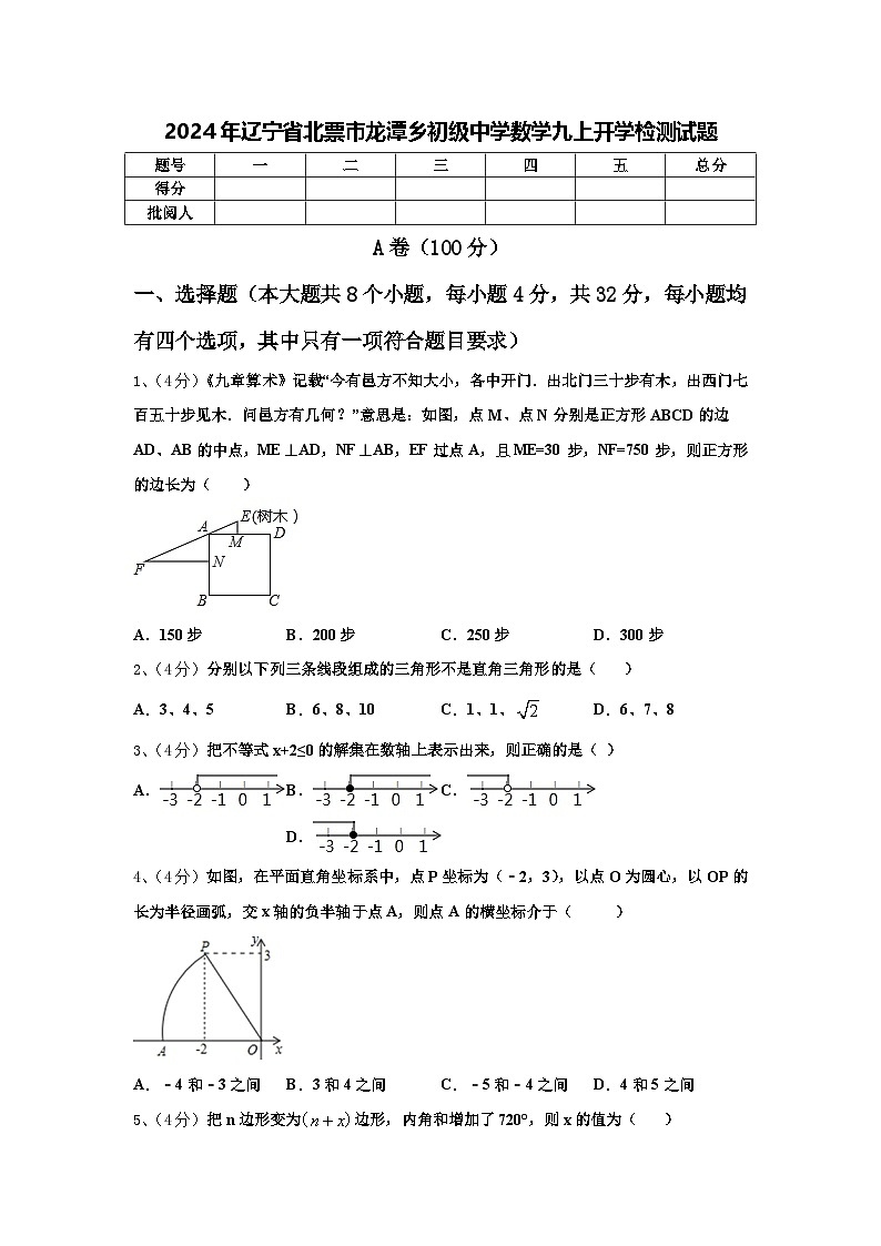2024年辽宁省北票市龙潭乡初级中学数学九上开学检测试题【含答案】01