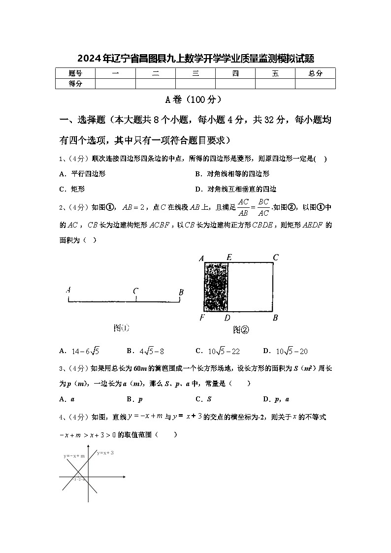 2024年辽宁省昌图县九上数学开学学业质量监测模拟试题【含答案】01
