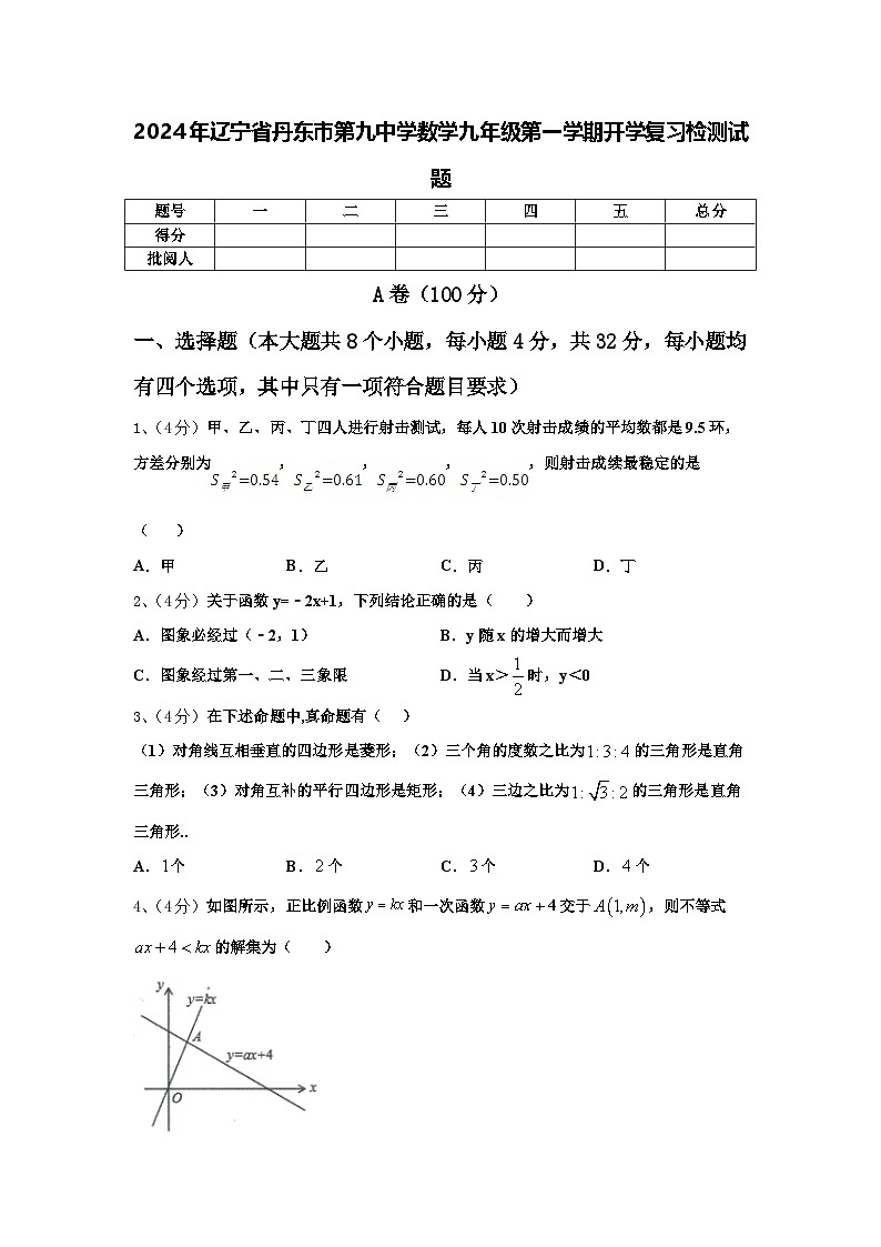 2024年辽宁省丹东市第九中学数学九年级第一学期开学复习检测试题【含答案】01