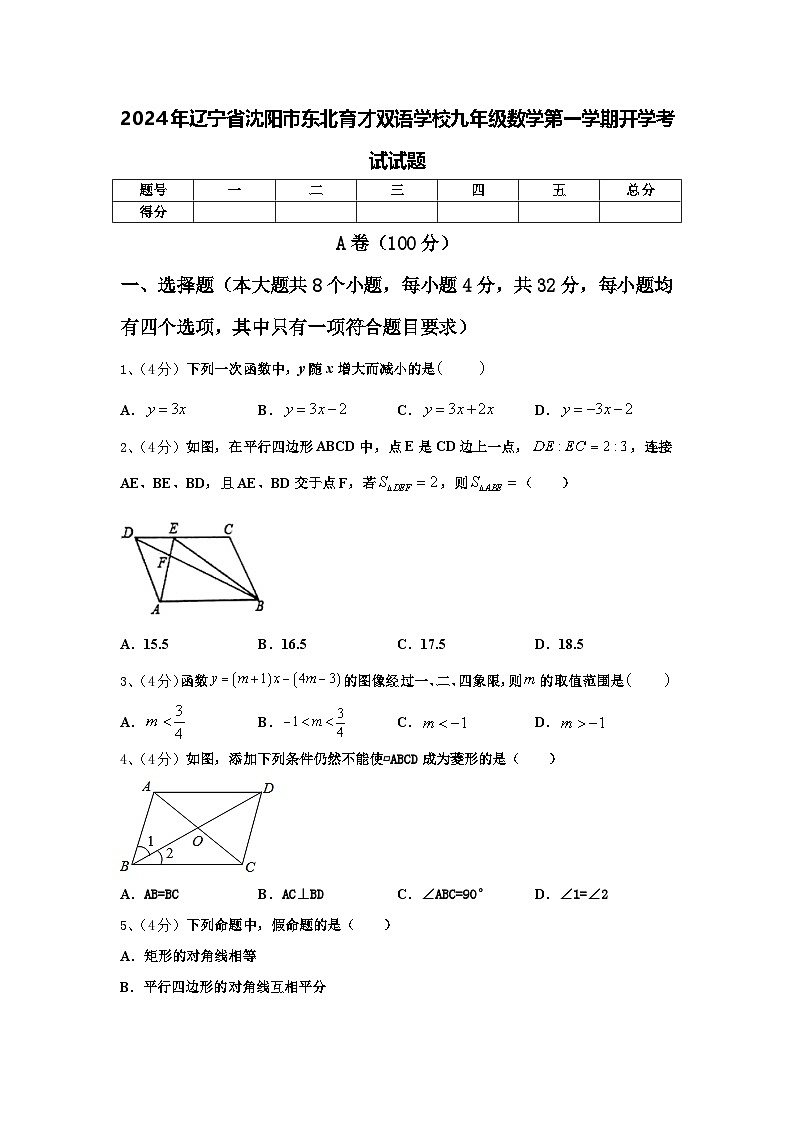 2024年辽宁省沈阳市东北育才双语学校九年级数学第一学期开学考试试题【含答案】01