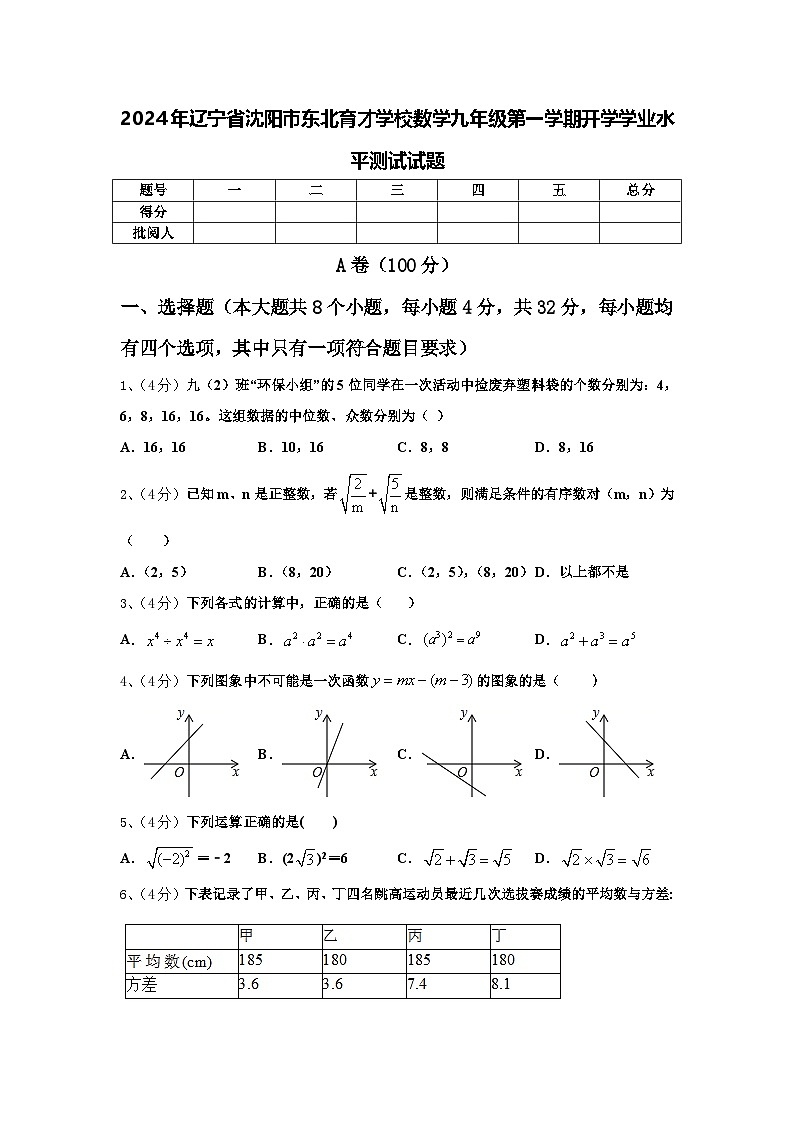 2024年辽宁省沈阳市东北育才学校数学九年级第一学期开学学业水平测试试题【含答案】01