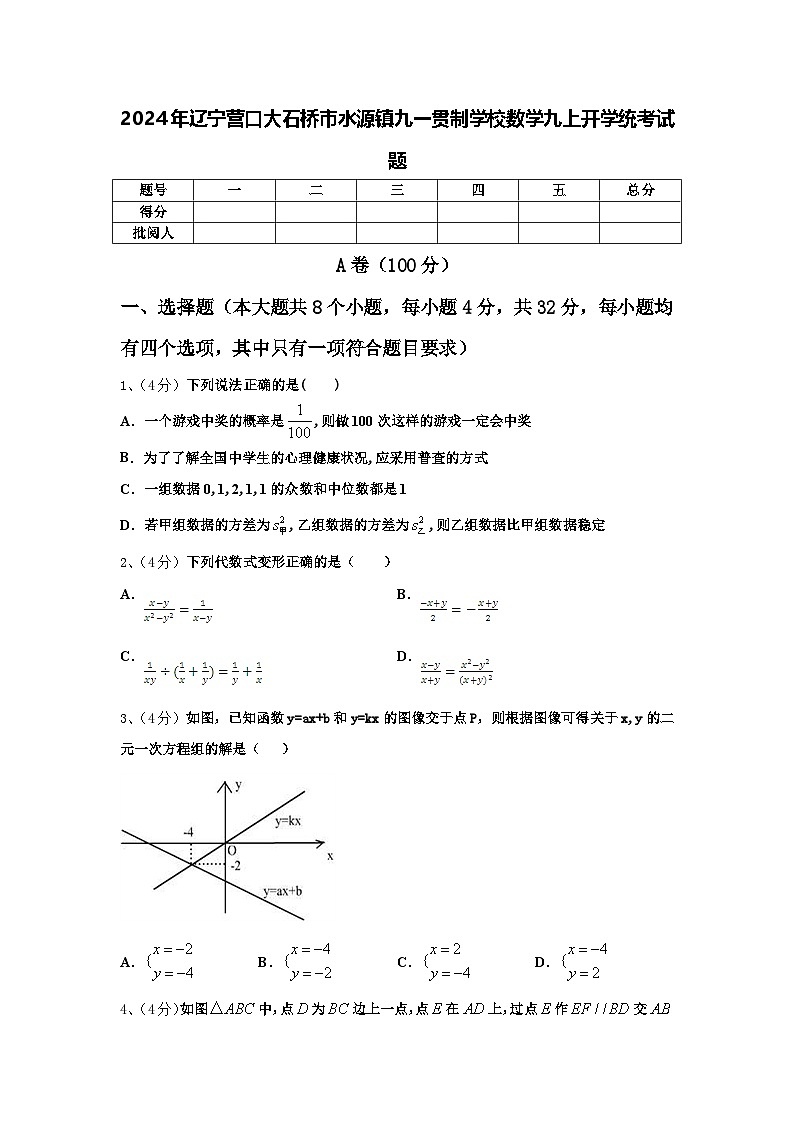 2024年辽宁营口大石桥市水源镇九一贯制学校数学九上开学统考试题【含答案】01
