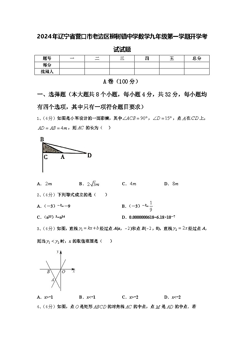 2024年辽宁省营口市老边区柳树镇中学数学九年级第一学期开学考试试题【含答案】01