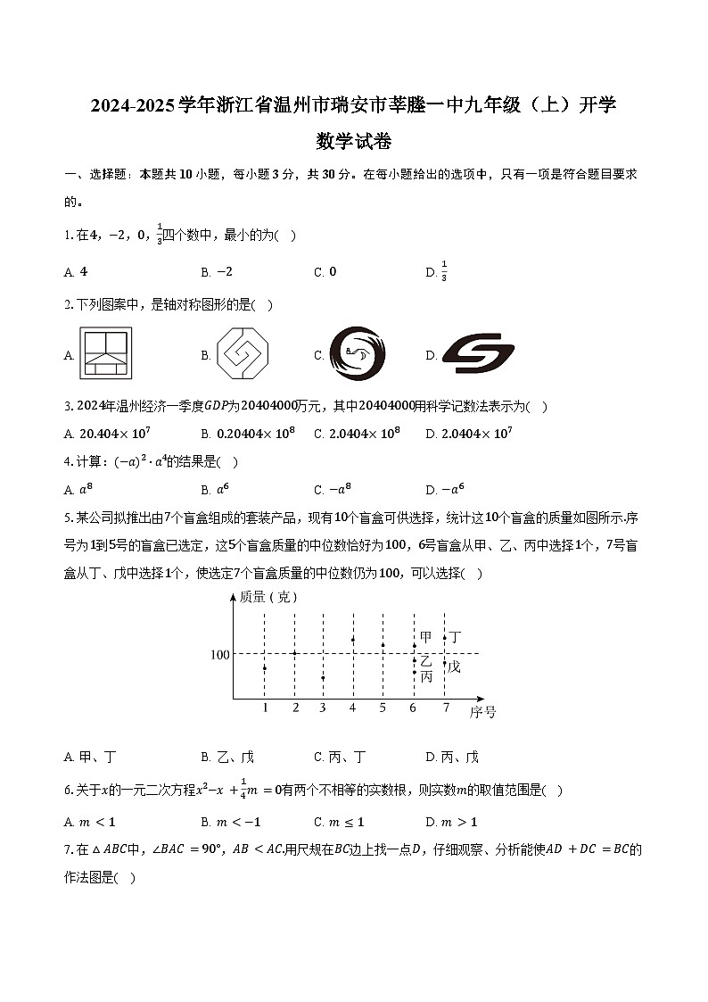 2024-2025学年浙江省温州市瑞安市莘塍一中九年级（上）开学数学试卷（含答案）01
