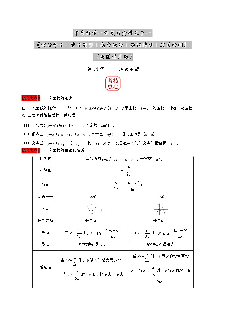 中考数学核心考点+重点题型+高分秘籍+题组训练+过关检测(全国通用)第14讲二次函数(原卷版+解析)第1页
