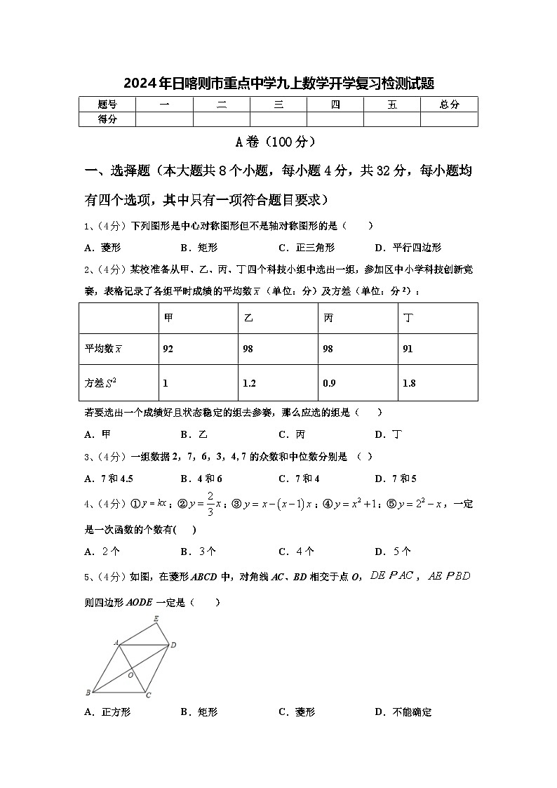 2024年日喀则市重点中学九上数学开学复习检测试题【含答案】01