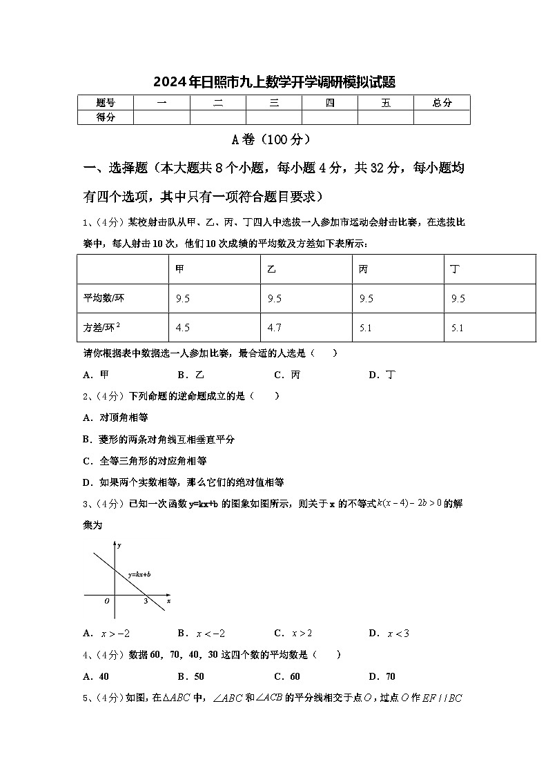2024年日照市九上数学开学调研模拟试题【含答案】01