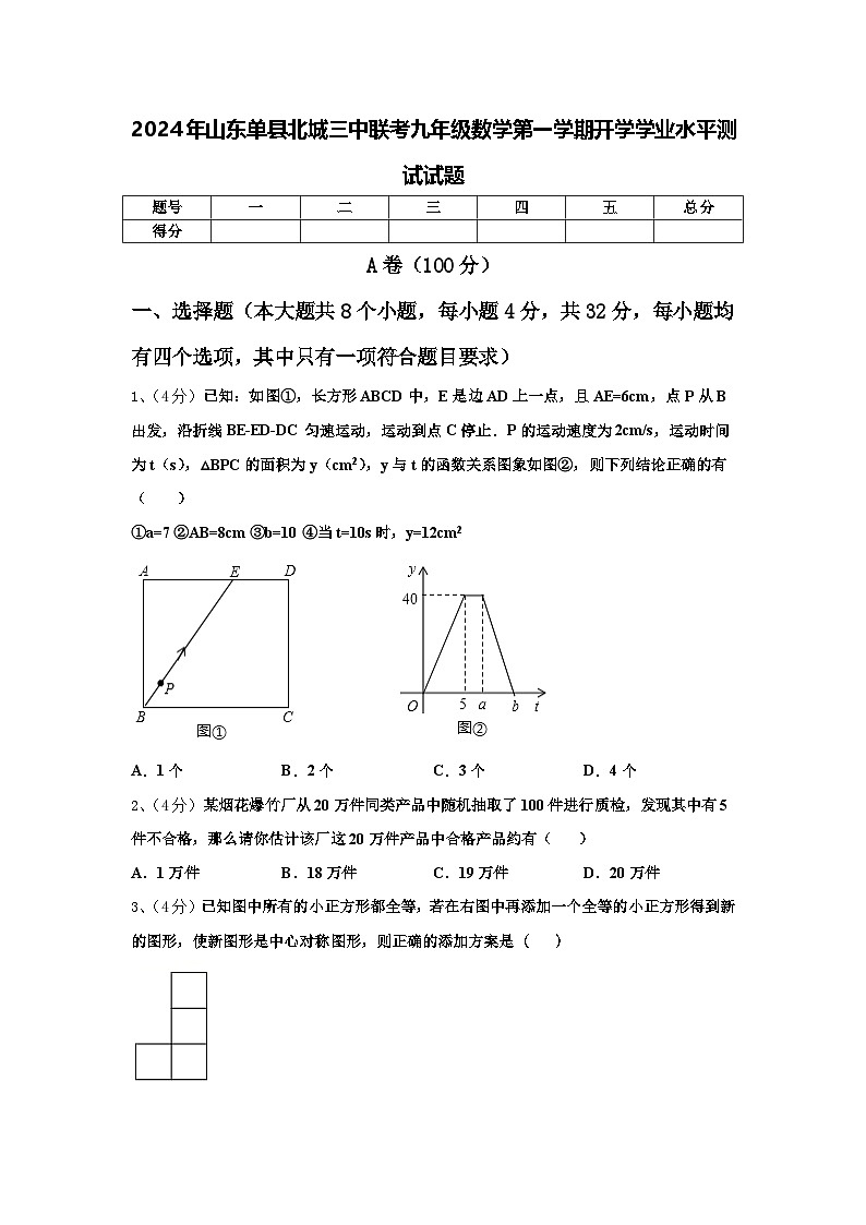 2024年山东单县北城三中联考九年级数学第一学期开学学业水平测试试题【含答案】01