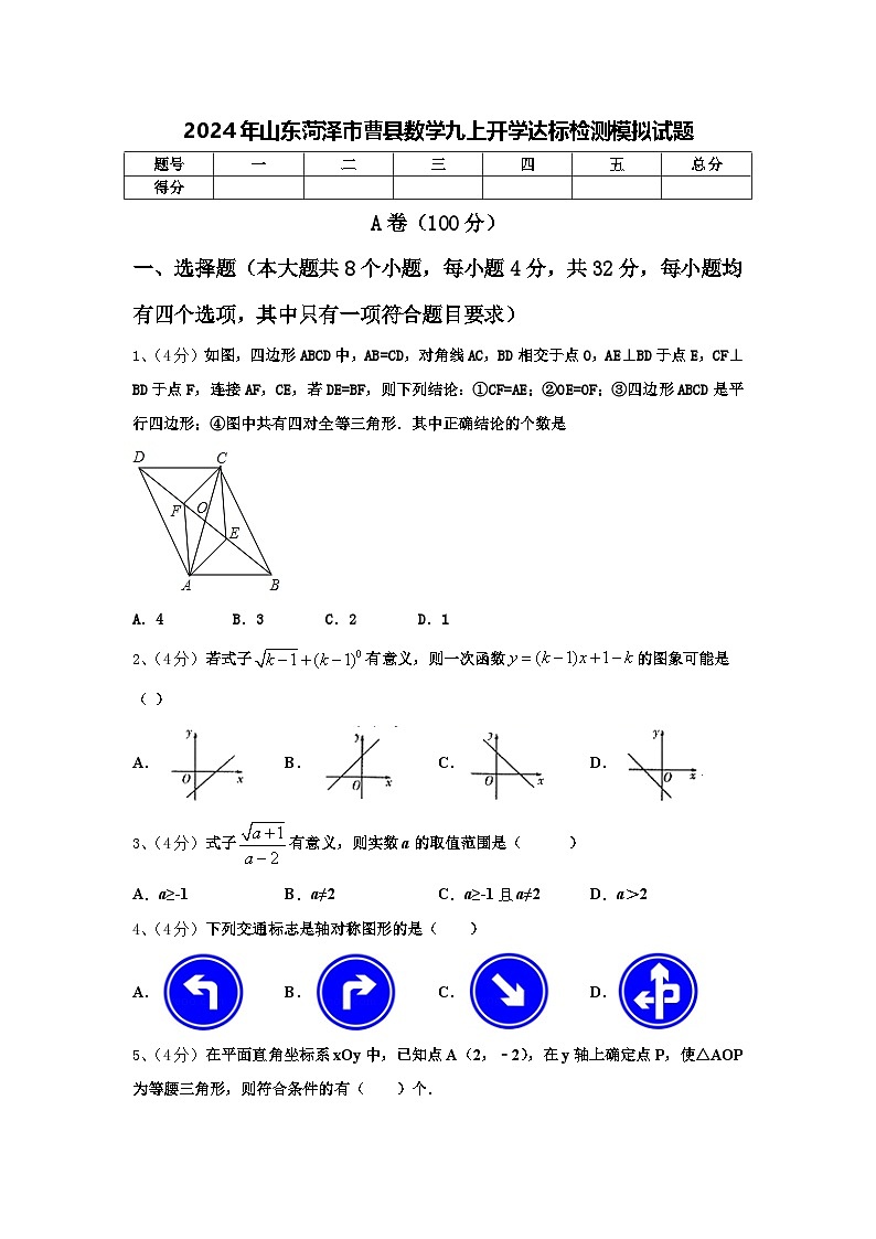 2024年山东菏泽市曹县数学九上开学达标检测模拟试题【含答案】第1页