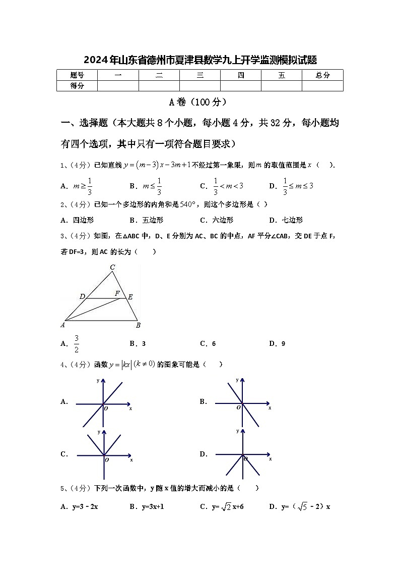 2024年山东省德州市夏津县数学九上开学监测模拟试题【含答案】第1页