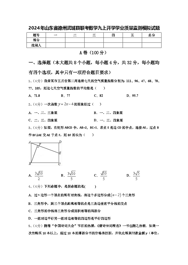 2024年山东省德州武城县联考数学九上开学学业质量监测模拟试题【含答案】第1页