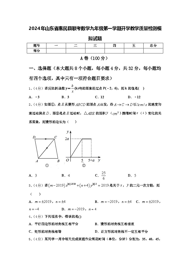 2024年山东省惠民县联考数学九年级第一学期开学教学质量检测模拟试题【含答案】第1页