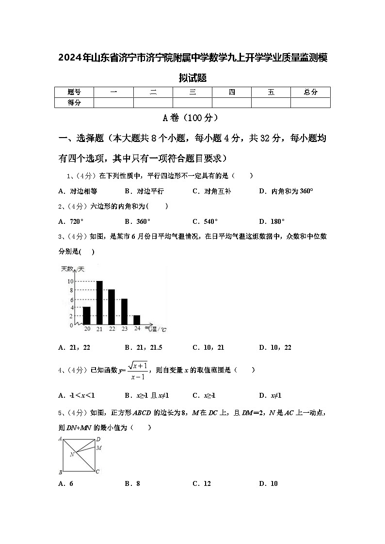 2024年山东省济宁市济宁院附属中学数学九上开学学业质量监测模拟试题【含答案】第1页