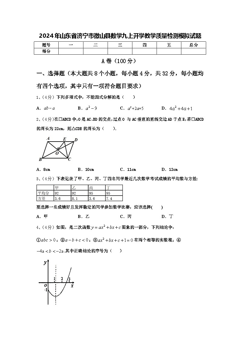 2024年山东省济宁市微山县数学九上开学教学质量检测模拟试题【含答案】第1页