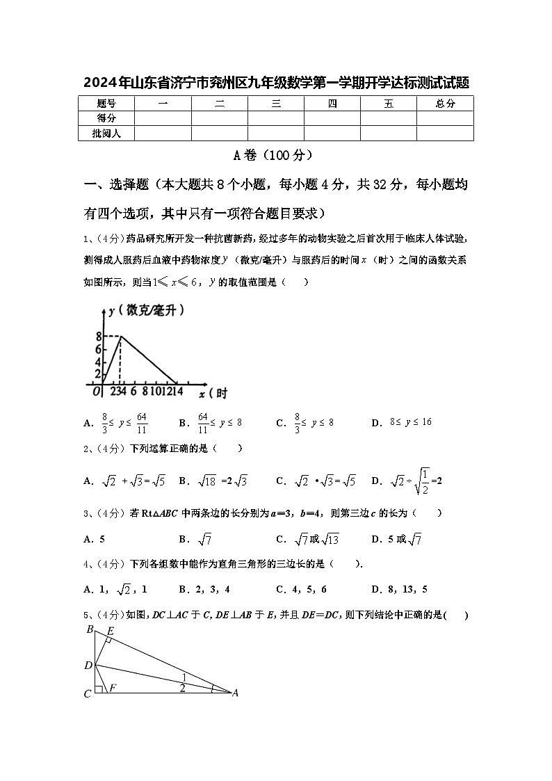 2024年山东省济宁市兖州区九年级数学第一学期开学达标测试试题【含答案】01